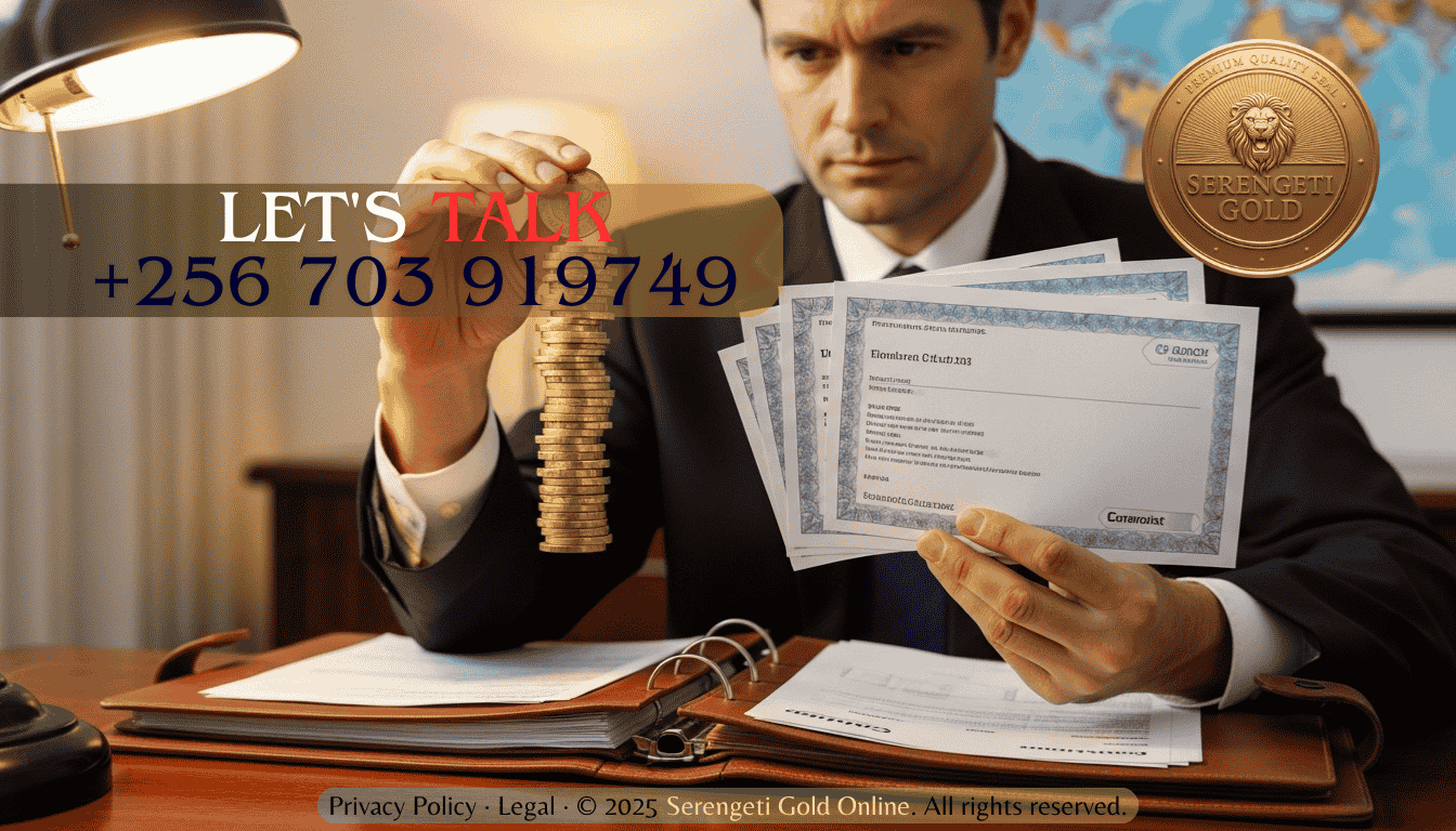 “Investor balancing gold coins and stock certificates in portfolio”