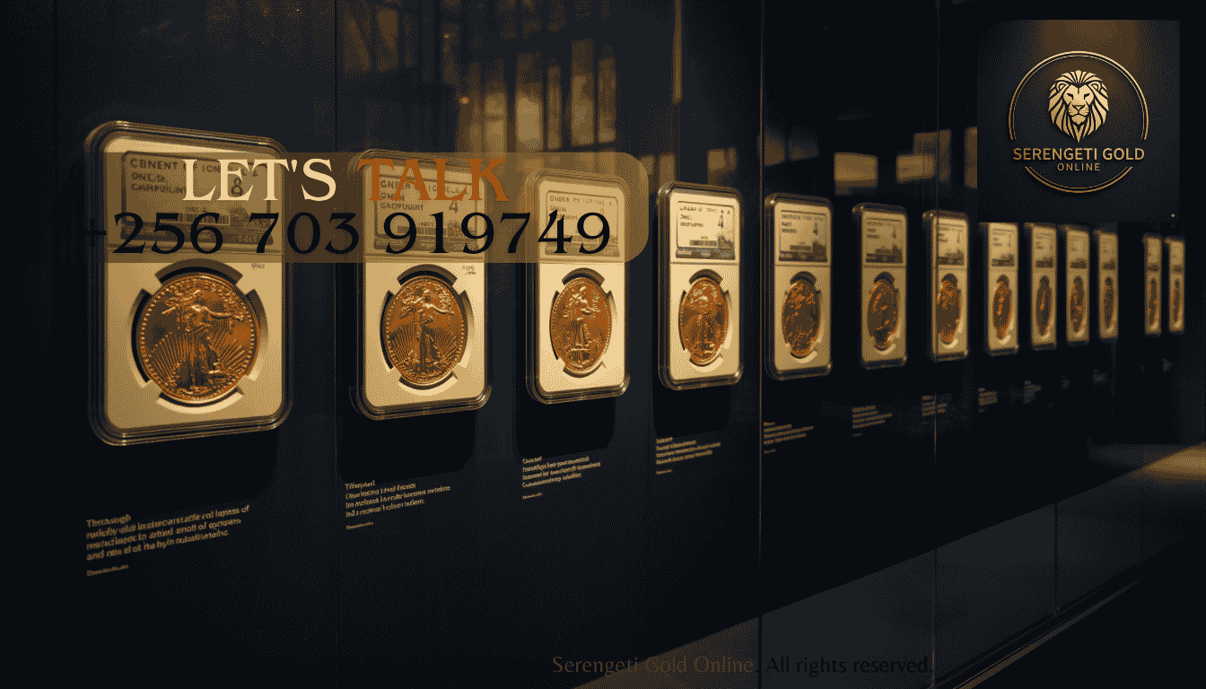 A display case featuring graded and certified historical gold coins, highlighting intricate relief designs and protective slabs. (2)