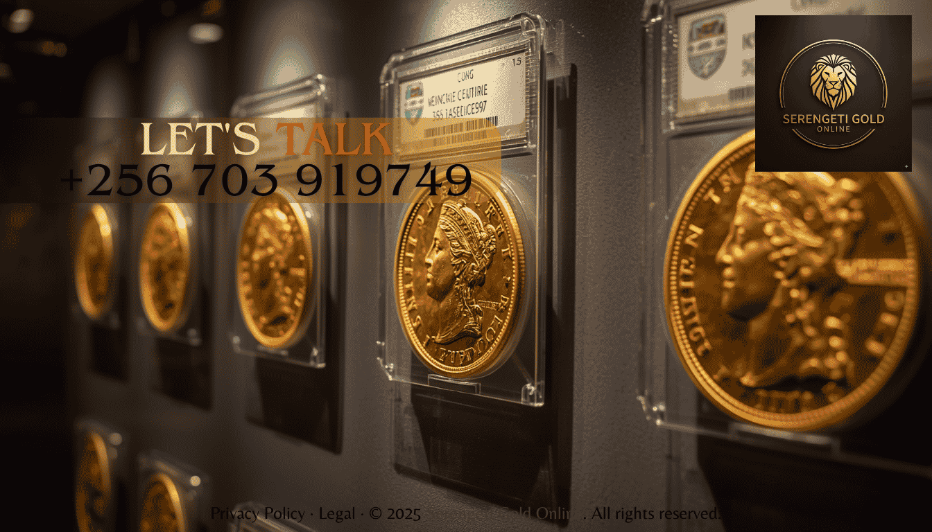 A display case featuring graded and certified historical gold coins, highlighting intricate relief designs and protective slabs.