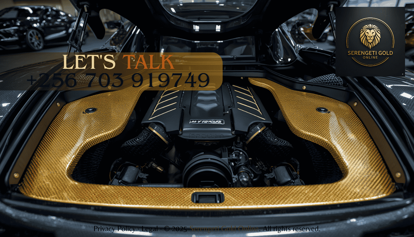 A hypercar engine bay featuring gleaming, precision-applied gold thermal foil insulation surrounding a high-performance engine.