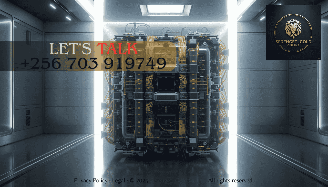 A state-of-the-art quantum computing cryostat featuring intricate, gold-plated wiring and advanced cryogenic components. (1)