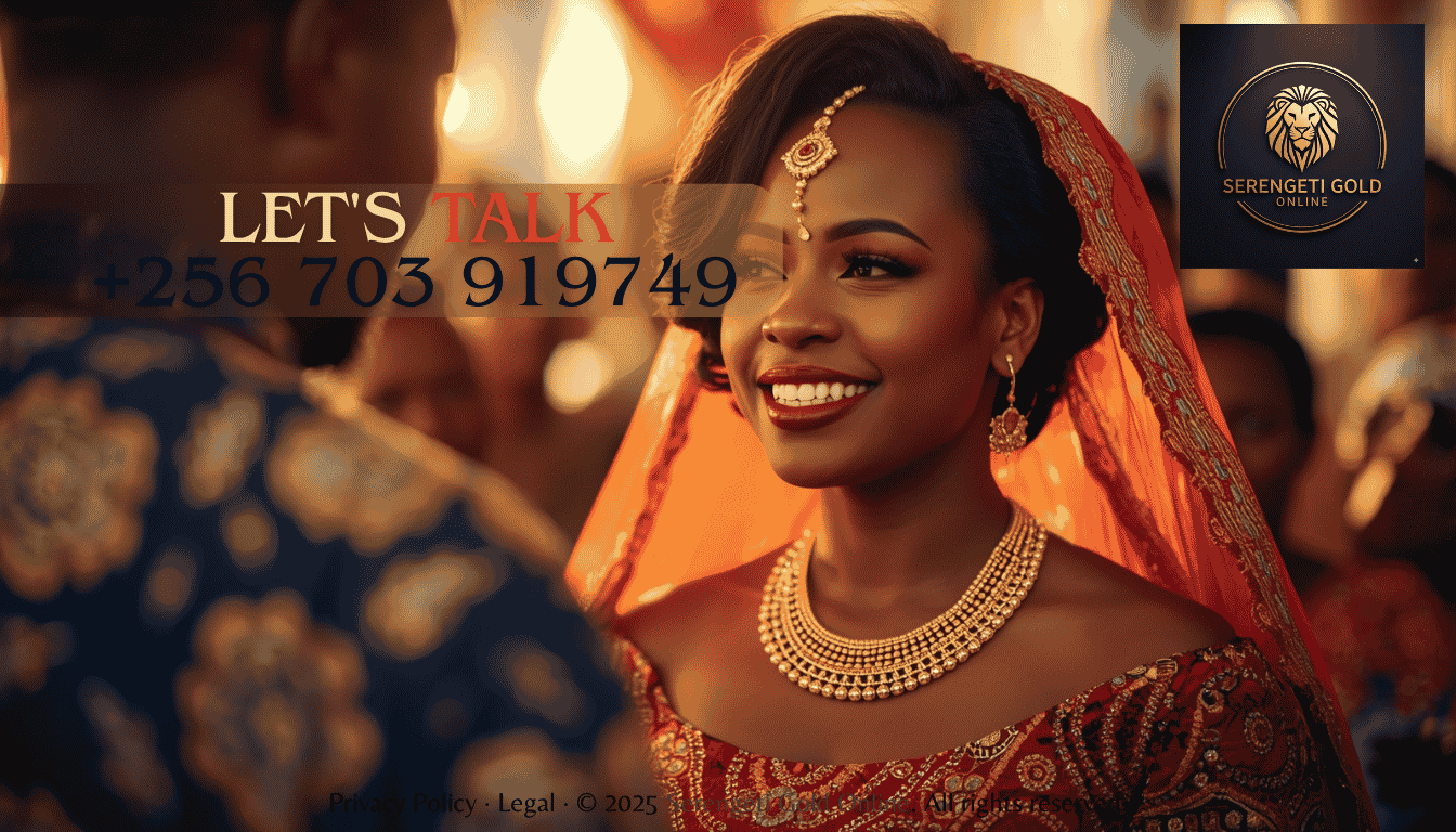 African bride wearing traditional gold jewelry during a cultural wedding ceremony celebrating heritage and lifelong commitment.