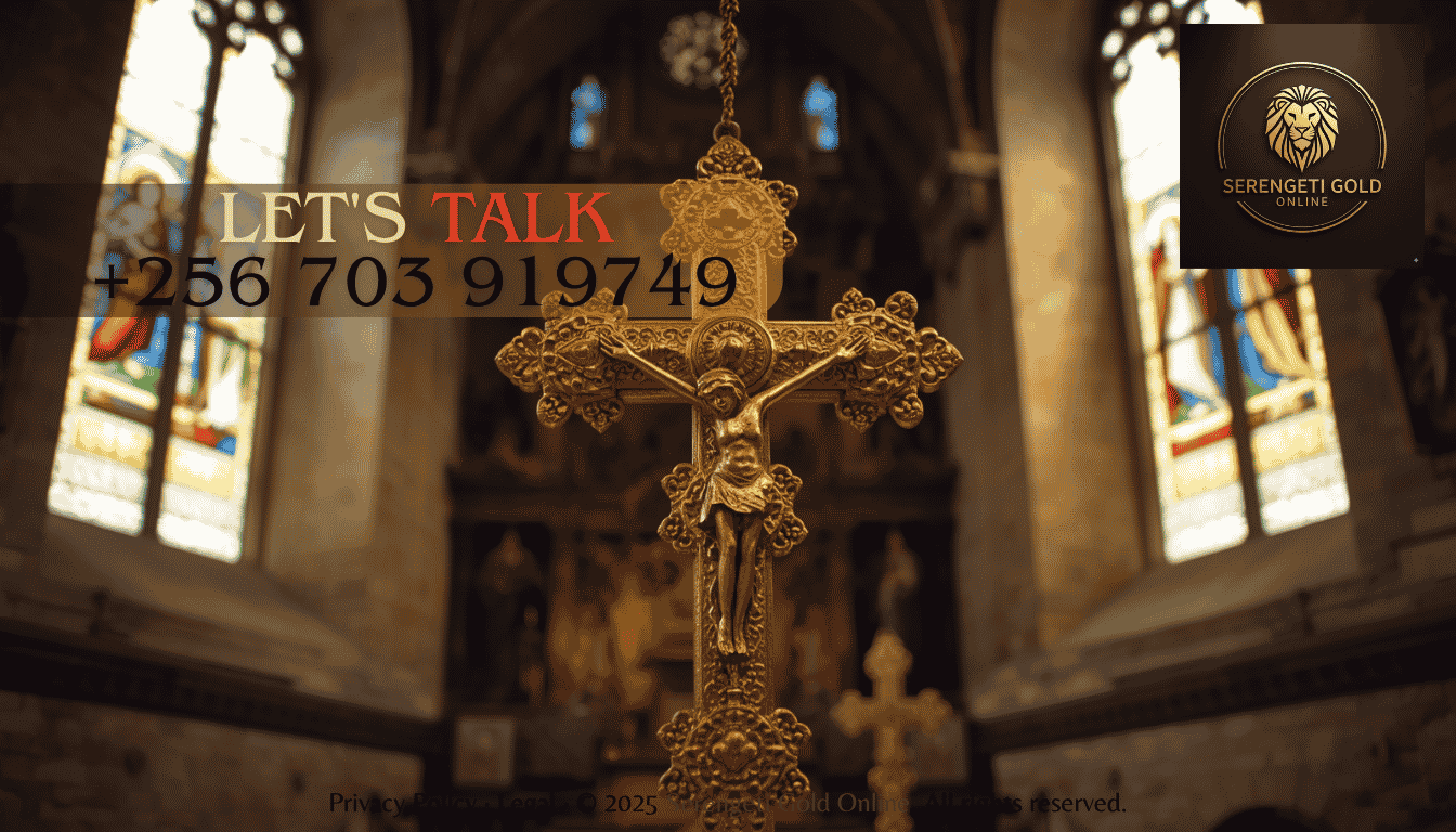 Ancient Ethiopian processional gold cross displayed inside a historic church, showcasing centuries of Christian craftsmanship and religious heritage.