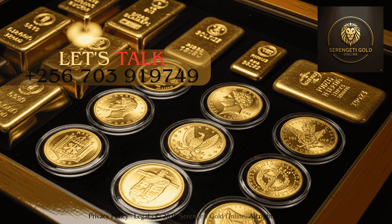 Close-up of gold coin collector’s display with bullion and rare coins
