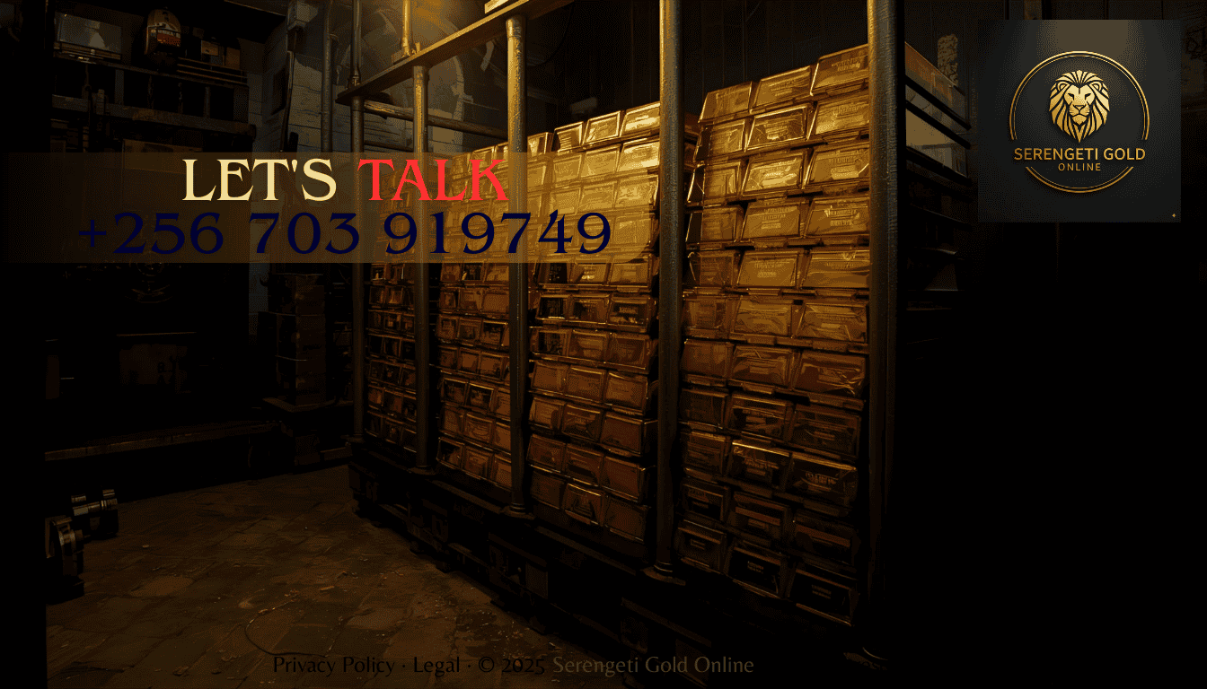Gold bars stored securely in a vault with dim lighting