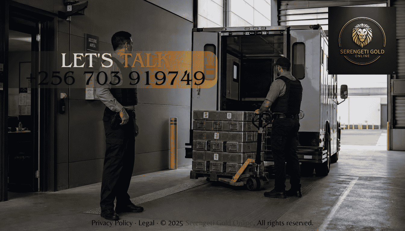 High-security armored vehicle transport loading gold bullion shipments under strict armed escort and insurance compliance protocols.