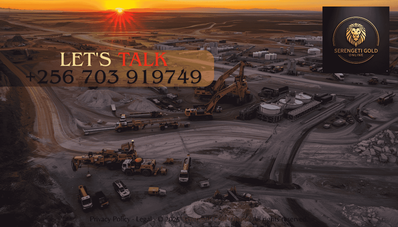 Large open-pit gold mine with heavy machinery and processing plants