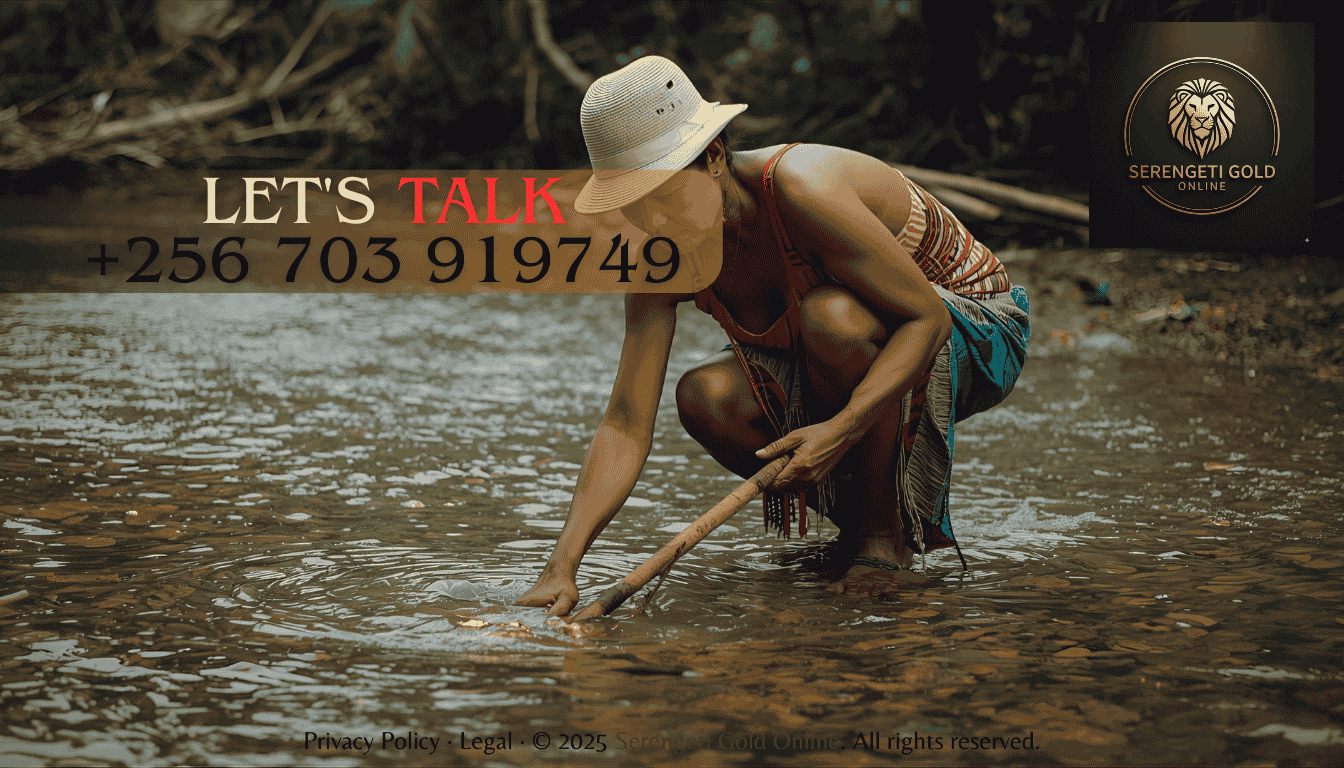 Small-scale gold miner panning in a river with basic tools