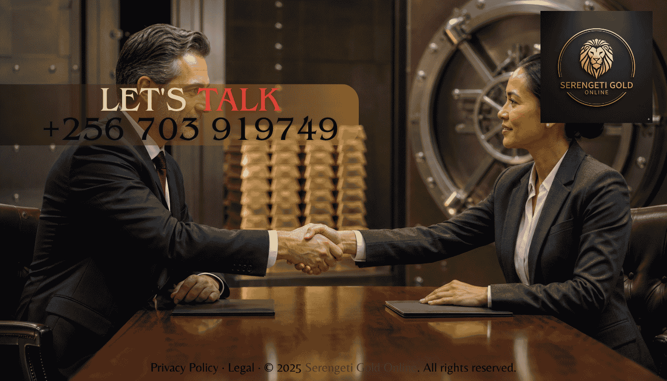 Two business executives shaking hands across a polished desk in a high-security vault surrounded by gold bullion bars. (4)